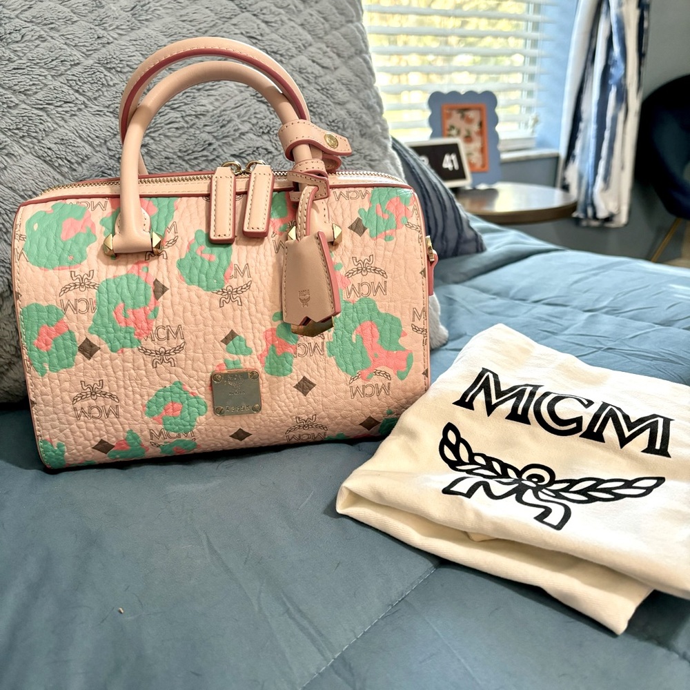 MCM Leopard Floral Small Boston Bag